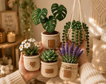 Patrón PDF para paquete de decoración de plantas de ganchillo 5 en 1, planta colgante Monstera, suculenta, margarita y lavanda, patrón de ganchillo para decoración del hogar estilo boho amigurumi.