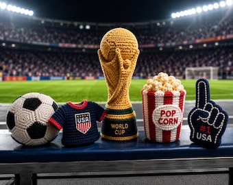 USA World Cup Fan Bundle Häkelanleitung PDF, 5-in-1 Fußball Amigurumi Bundle, Football Trophy Jersey Ball Popcorn Foam Finger