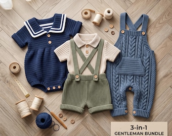 3-in-1 Classic Baby Boy Crochet Pattern Bundle PDF | Sailor Bubble Romper, Suspender Shorts Set, Cable Dungarees | 0-18M Baby Clothes pdf