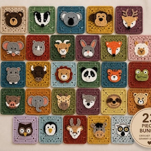 May include: A set of 23 crochet animal granny squares, each approximately 10 cm square. The squares feature various animal faces, including a bear, badger, koala, monkey, deer, mouse, rhino, goat, rabbit, fox, and more. The squares are in various colors.