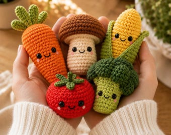 Crochet Vegetable Bundle Pattern PDF, Cute Amigurumi Veggies, Carrot Corn Mushroom Tomato Broccoli, Kawaii Crochet Plush Pattern