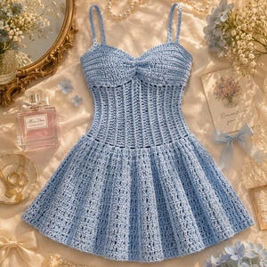 May include: A pale blue crochet dress with thin straps and a flared skirt. The bodice has a sweetheart neckline and a fitted design. The dress is displayed on a cream-coloured surface with floral and jewellery accents.