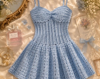 Patrón de vestido corsé de ganchillo en PDF, tutorial de minivestido estilo cottagecore, vestido de ganchillo coqueto, patrón de vestido de verano femenino