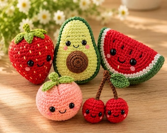 Patrón PDF para tejer frutas a crochet, 5 frutas amigurumi adorables: fresa, sandía, aguacate, durazno y cereza. Patrón de peluche de crochet kawaii.