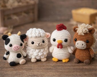 Paquete de patrones de ganchillo de animales de granja: vaca, oveja, gallina y caballo amigurumi (descarga en PDF)