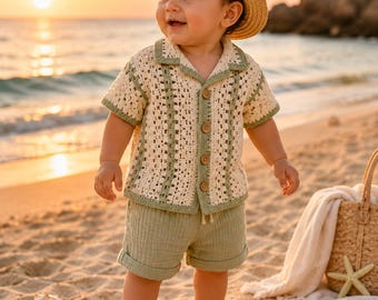 Patrón de camisa de ganchillo para bebé en PDF, tutorial de ganchillo para camisa abotonada para niño pequeño, patrón de conjunto de verano vintage para bebé niño