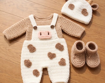Conjunto de vaca de ganchillo en PDF, disfraz de animal de granja para recién nacido, ropa de amigurumi para bebé