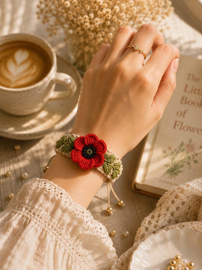 K&ouml;nnte beinhalten: Handgefertigtes H&auml;kelarmband mit einer leuchtend roten Mohnblume und gr&uuml;nen Bl&auml;ttern. Das Armband ist beige mit goldfarbenen Perlen und einem Kordelverschluss. Ein goldener Ring mit floralem Design ist ebenfalls zu sehen.