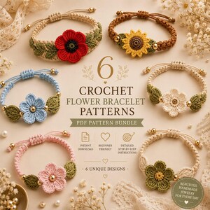 K&ouml;nnte beinhalten: Das Bild zeigt sechs H&auml;kelmuster f&uuml;r Blumenarmb&auml;nder. Die Armb&auml;nder weisen verschiedene Blumenmuster und Farben auf, darunter Rot, Gelb, Blau, Rosa und Gr&uuml;n. Der Text auf dem Bild lautet "CROCHET FLOWER BRACELET PATTERNS" und "PDF PATTERN BUNDLE."