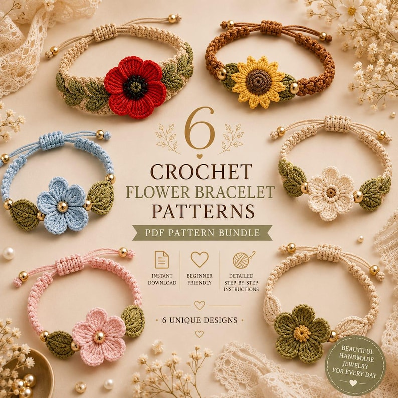 K&ouml;nnte beinhalten: Das Bild zeigt sechs H&auml;kelmuster f&uuml;r Blumenarmb&auml;nder. Die Armb&auml;nder weisen verschiedene Blumenmuster und Farben auf, darunter Rot, Gelb, Blau, Rosa und Gr&uuml;n. Der Text auf dem Bild lautet "CROCHET FLOWER BRACELET PATTERNS" und "PDF PATTERN BUNDLE."