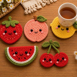 May include: A collection of colorful, crocheted fruit-shaped coasters, including a strawberry, peach, lemon, watermelon slice, and cherries. Each coaster has a smiling face and is designed to hold a cup. A white teacup sits on the lemon coaster.