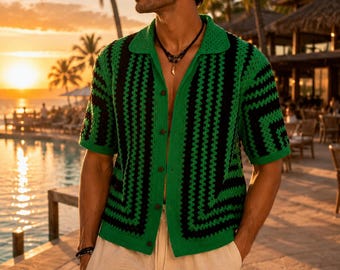 Mens Button Up Crochet Shirt Pattern Summer Mesh Top Pattern | Amalfi Crochet Collared Shirt Pattern