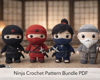 Paquete de patrones de ganchillo Ninja en PDF – Conjunto de muñecos amigurumi – Muñecos guerreros – Juguete de ganchillo para hacer tú mismo