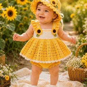 May include: A baby in a handmade yellow crochet dress, hat, and bloomers, with sunflower details and white trim. The baby wears white sandals and stands in a field of sunflowers. The dress is a charming, summery outfit.