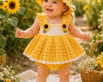 Patrón de ganchillo en PDF para vestido de bebé con girasoles, patrón de ganchillo para conjunto de verano para bebé, conjunto de vestido y gorro para niña, patrón de pelele de ganchillo para bebé.