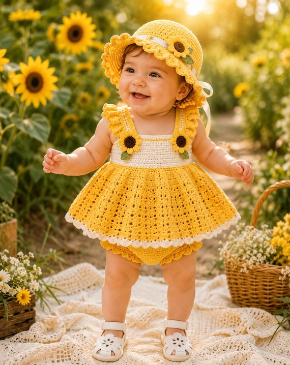 Sunflower Baby Dress Crochet Pattern PDF, Summer Baby Outfit Crochet Pattern, Baby Girl Sundress & Hat Set, Crochet Baby Romper Pattern