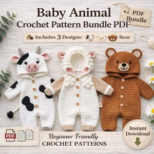 Baby Animal Crochet Pattern Bundle (Cow, Sheep, Bear) PDF