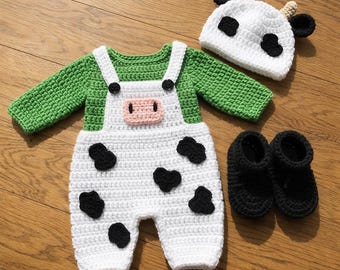 Patrón de ganchillo para disfraz de vaca, disfraz de animal de granja para recién nacido, conjunto de ropa amigurumi - Patrón de ternero