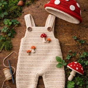 以下が含まれることがあります： クリーム色のベビー用かぎ針編みセット。キノコの装飾が施されたオーバーオールと、お揃いの帽子が含まれています。オーバーオールには茶色のボタンと小さなキノコのアップリケが付いています。かぎ針編みのキノコのおもちゃも置かれており、すべて木製の表面に置かれています。