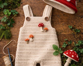 Patrón de conjunto de bebé con forma de seta a crochet, accesorio para fotos de recién nacidos, gorro estilo cottagecore (patrón en PDF)
