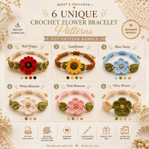 Puede incluir: Un paquete de patrones PDF digitales con instrucciones para seis diseños únicos de pulseras de flores de ganchillo. Los patrones incluyen Amapola Roja, Girasol, Margarita Azul, Flor Blanca, Flor Rosa y Flor de Oliva. Incluye fotos y diagramas claros.