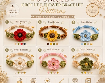Paquete de patrones de pulseras de ganchillo en PDF, patrón de pulsera de corazón, pulsera de margarita, pulsera de girasol, pulsera de amistad ajustable.