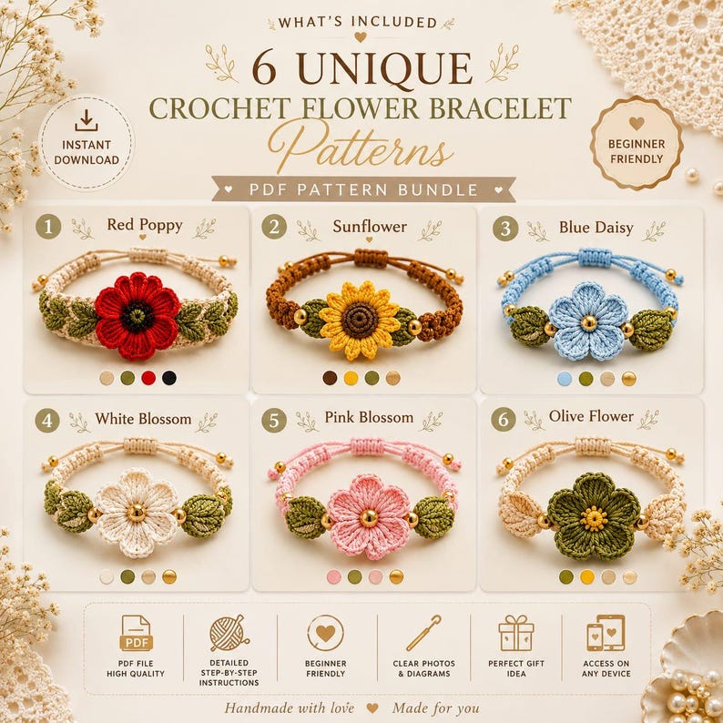 K&ouml;nnte beinhalten: Ein digitales PDF-Musterpaket mit Anleitungen f&uuml;r sechs einzigartige H&auml;kelblumen-Armbanddesigns. Die Muster umfassen Rote Mohnblume, Sonnenblume, Blaue G&auml;nsebl&uuml;mchen, Wei&szlig;e Bl&uuml;te, Rosa Bl&uuml;te und Olivenblume. Klare Fotos und Diagramme enthalten.