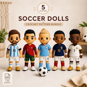 May include: Five crocheted soccer dolls in team kits stand together, with a football in front. The dolls have different skin tones and hairstyles. The text reads "SOCCER DOLLS CROCHET PATTERN BUNDLE". A circle above the dolls says "5 PLAYERS".