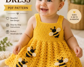 Patrón de vestido de bebé abeja a crochet en PDF, patrón de vestido de bebé niña a crochet, conjunto de bebé abeja, vestido de verano para bebé, patrón apto para principiantes.