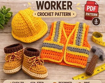 Muñeco de bebé obrero de la construcción a crochet (PDF) – Patrón de juguete amigurumi para constructor, regalo hecho a mano.