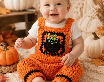 Halloween Baby outfit Crochet Pattern PDF, Pumpkin Baby Romper Pattern, Crochet Baby Overalls, Fall Baby Outfit Crochet Pattern