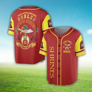 Camiseta de béisbol de los Shriners – Personalizada con el nombre y número del templo y tu nombre, Camiseta roja y dorada del uniforme del Shriners Místico Nobles, Regalo fraternal personalizado