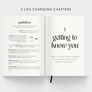 May include: An open book with the title "5 Life-Changing Chapters" and the first chapter titled "Getting to Know You". The text "For it is in the silent chambers of your soul that you will unearth your truth." is printed below the chapter title. The book has guidelines for using the journal.