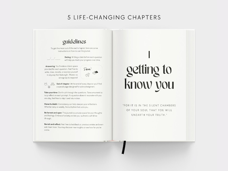 May include: An open book with the title "5 Life-Changing Chapters" and the first chapter titled "Getting to Know You". The text "For it is in the silent chambers of your soul that you will unearth your truth." is printed below the chapter title. The book has guidelines for using the journal.
