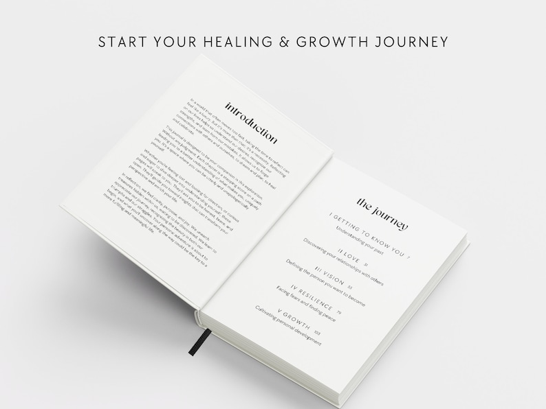 May include: An open book with the title "Start Your Healing & Growth Journey" and a table of contents for a self-help guide titled "The Journey". The table of contents includes sections on getting to know yourself, love, vision, resilience, and growth.