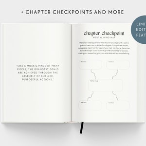 May include: A black and white printable page with a chapter checkpoint mental mind map. The page includes a quote: "Like a mosaic made of many pieces, the grandest goals are achieved through the assembly of smaller, purposeful actions."