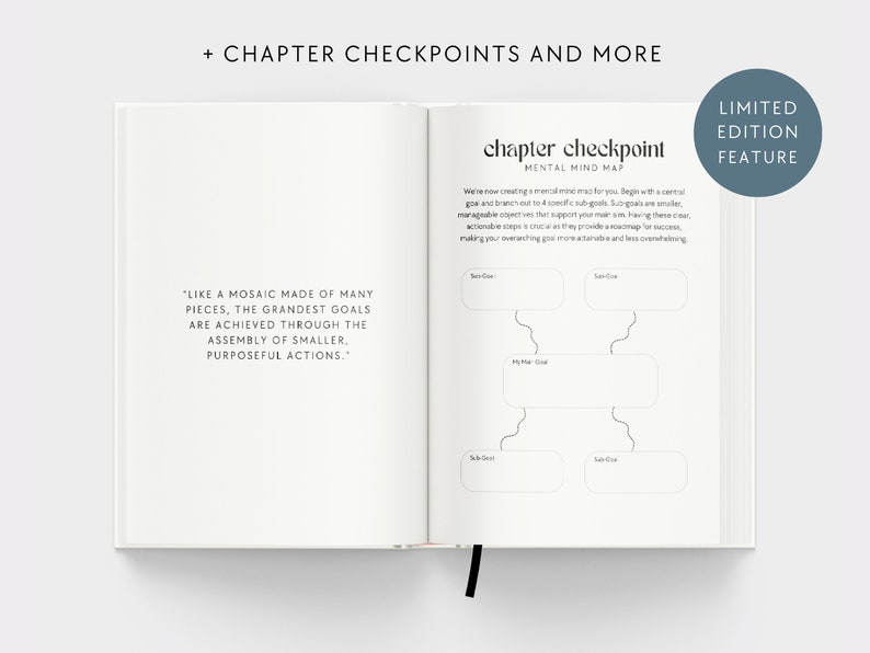 May include: A black and white printable page with a chapter checkpoint mental mind map. The page includes a quote: "Like a mosaic made of many pieces, the grandest goals are achieved through the assembly of smaller, purposeful actions."
