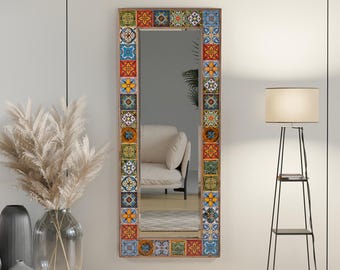 Miroir Artisanal en Céramique et Bois de Noyer - 60cm de Large - Fait Main pour Entrée ou Chambre