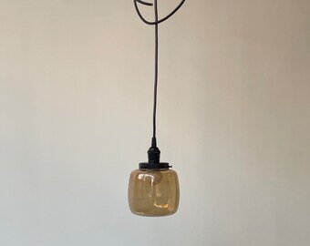 Modern Amber Glass Pedant Light Fixture, Black Metal Accents, Minimal Dimmable Hanging LED Ceiling Lamp, Hardwire or Plugin, in, in stock