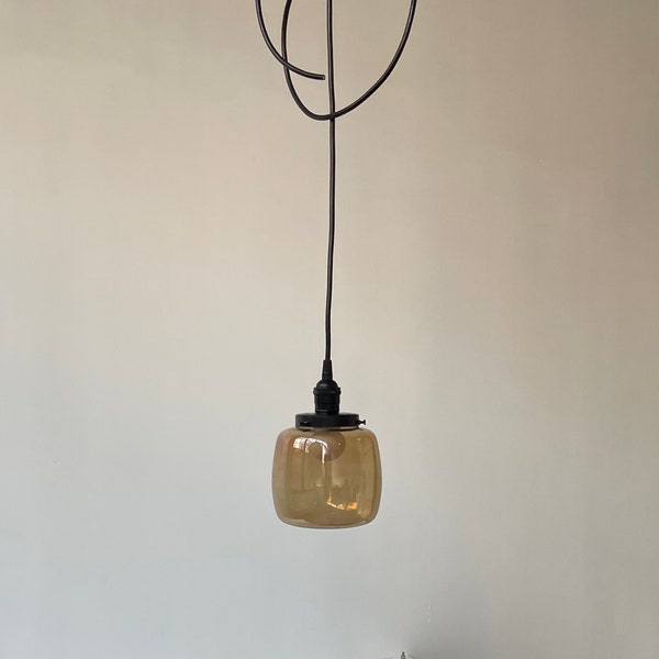 Modern Amber Glass Pedant Light Fixture, Black Metal Accents, Minimal Dimmable Hanging LED Ceiling Lamp, Hardwire or Plugin, in, in stock