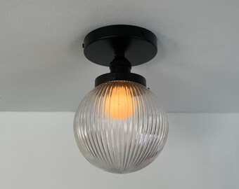 Contemporary Fluted Glass Globe Semi Flush Mount Lighting, in stock, Black Metal, Modern Ceiling Light Fixture, Minimal Dimmable LED Lamp