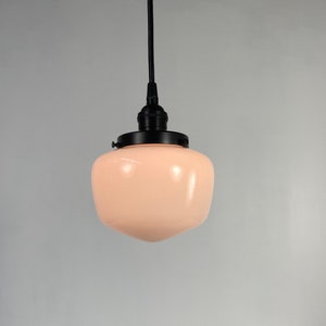 Modern Schoolhouse Opal Glass Pedant Light Fixture with Black Metal Accents, Minimal Dimmable Hanging LED Lamp for Ceiling, Hardwire, Plugin