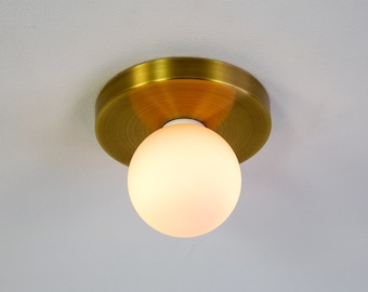 Dot Flush Mount, Small White Glass & Brass Metal Ceiling Surface Mount Light Fixture, LED, Dimmable, Bedroom, Hallway, Kitchen, Living Room