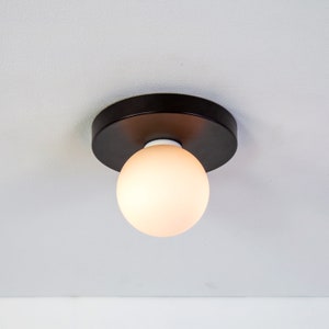 Globe Flush Mount, Small White Glass & Black Metal Ceiling Surface Mount Light Fixture, LED, Dimmable, Bedroom, Hallway, Kitchen Living Room