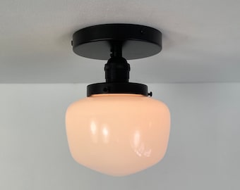 Contemporary Schoolhouse Semi Flush Mount Lighting, In stock, Black Metal Accents, Modern Ceiling Light Fixture, Minimal Dimmable LED Lamp