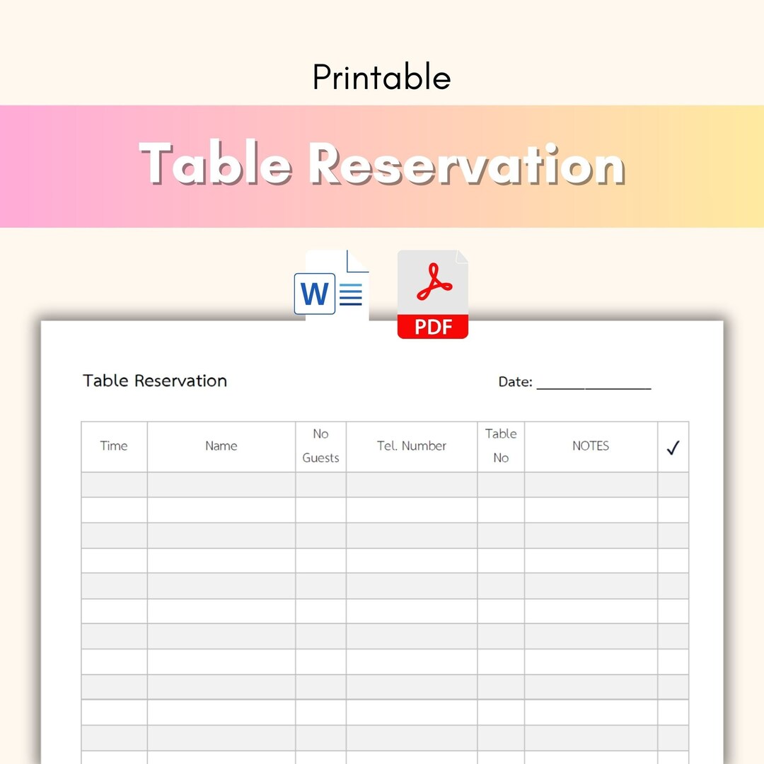 Table Reservation Printable PDF Waiting List Organizer Guest - Etsy