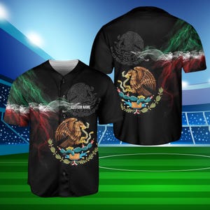 Custom Mexico Baseball Jersey – Black Eagle Emblem with Green White Red Smoke Flag Design and Personalized Name