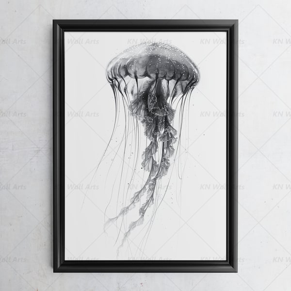 Jellyfish Art Print Line Drawing Black and White. Minimal outline sketch printable. Calm Aesthetic Art Jellyfish Wall decor. Ocean sea life.