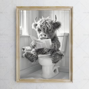 Arte de parede de banheiro, decoração de parede de vaca Highland, bebê de vaca engraçado, animal no banheiro, arte de pet shop, impressão de arte de vaca, download digital para impressão