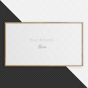 Puede incluir: Marco rectangular de madera con interior blanco. El texto "Your Artwork Here" se muestra en una fuente gris elegante. El marco está sobre un fondo a cuadros blanco y negro.